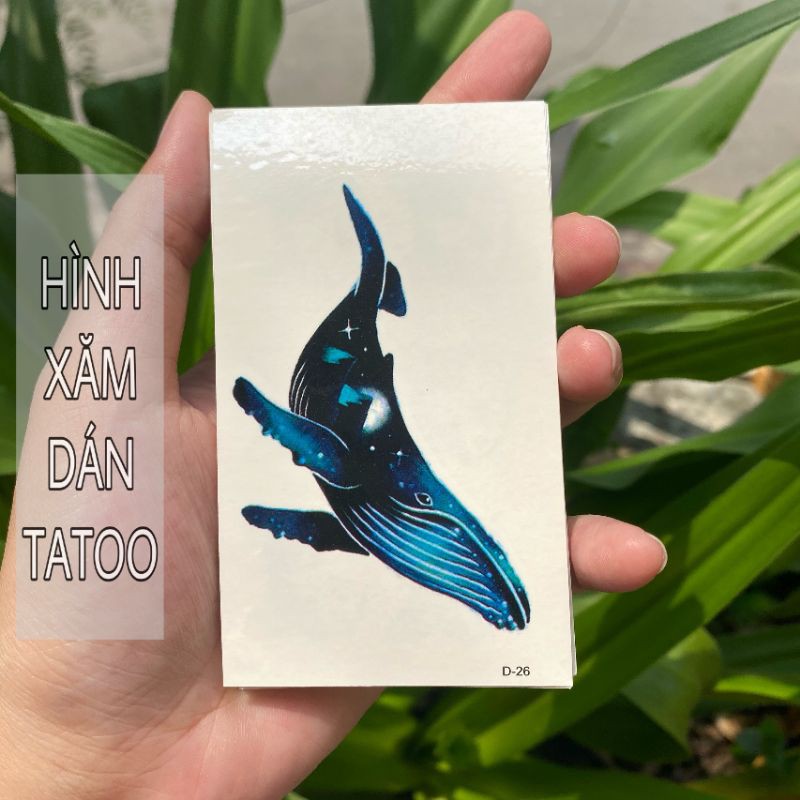 Hình xăm cá voi biển xanh d26. Tatoo dán size 10x6cm