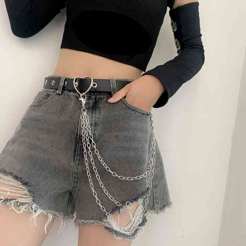 Thắt lưng da Pu khóa hình trái tim phối chuỗi dây xích ba tầng phong cách punk hip hop cá tính