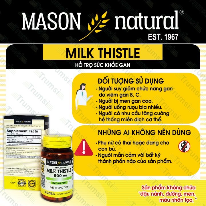 Viên uống bổ gan Mason Natural Milk Thistle 500mg giúp giảm tình trạng men gan cao bảo vệ và tăng cường chức năng gan