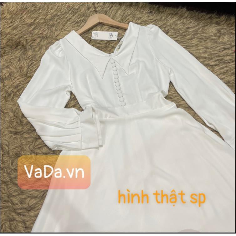 Đầm dự tiệc dáng xòe màu đỏ tay dài cổ nhọn mới lạ phối nút bọc cao cấp đi đám cưới, noel, tết siêu xinh - VADA - V555 | BigBuy360 - bigbuy360.vn