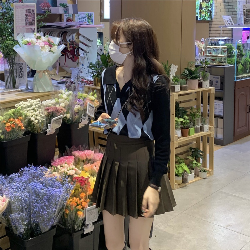 Áo Len Tay Dài Màu Sắc Tương Phản Phong Cách Retro Hàn Quốc