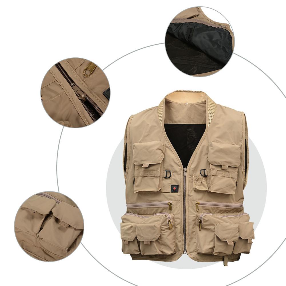 Vest Đa Năng Cho Nam, Áo Khoác Thể Thao Câu Cá Du Lịch Ngoài Trời Nhiều Túi Màu Xanh Lá Bằng Vải Khaki Cỡ L-168-Digital