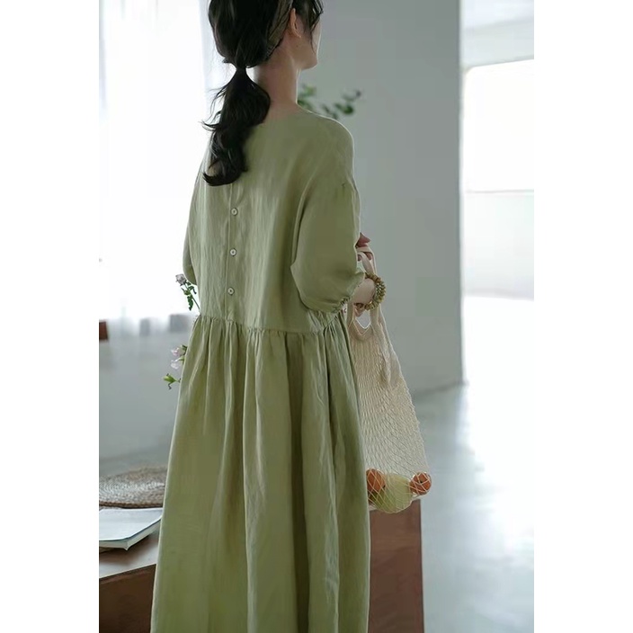 Đầm linen dáng suông thiết kế cúc cài chỉnh eo thời trang phong cách trẻ