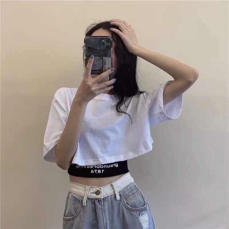 Áo Croptop Tay Ngắn, Sét Áo Thun Croptop &amp; Bra GROUNDBREAKING 1974, 2 Màu Đen/ Trắng