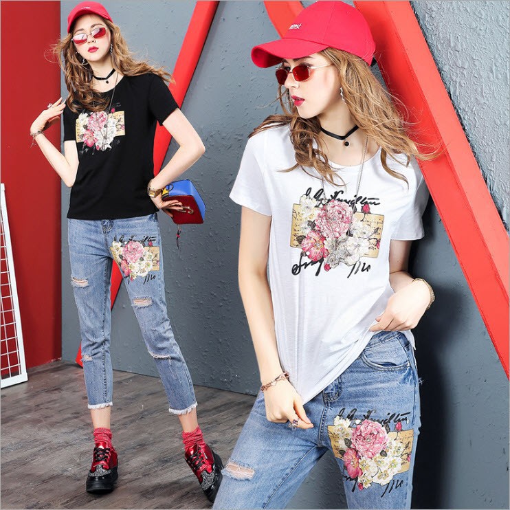 N61896 Set áo thun và quần jean nữ cao cấp hàng nhập