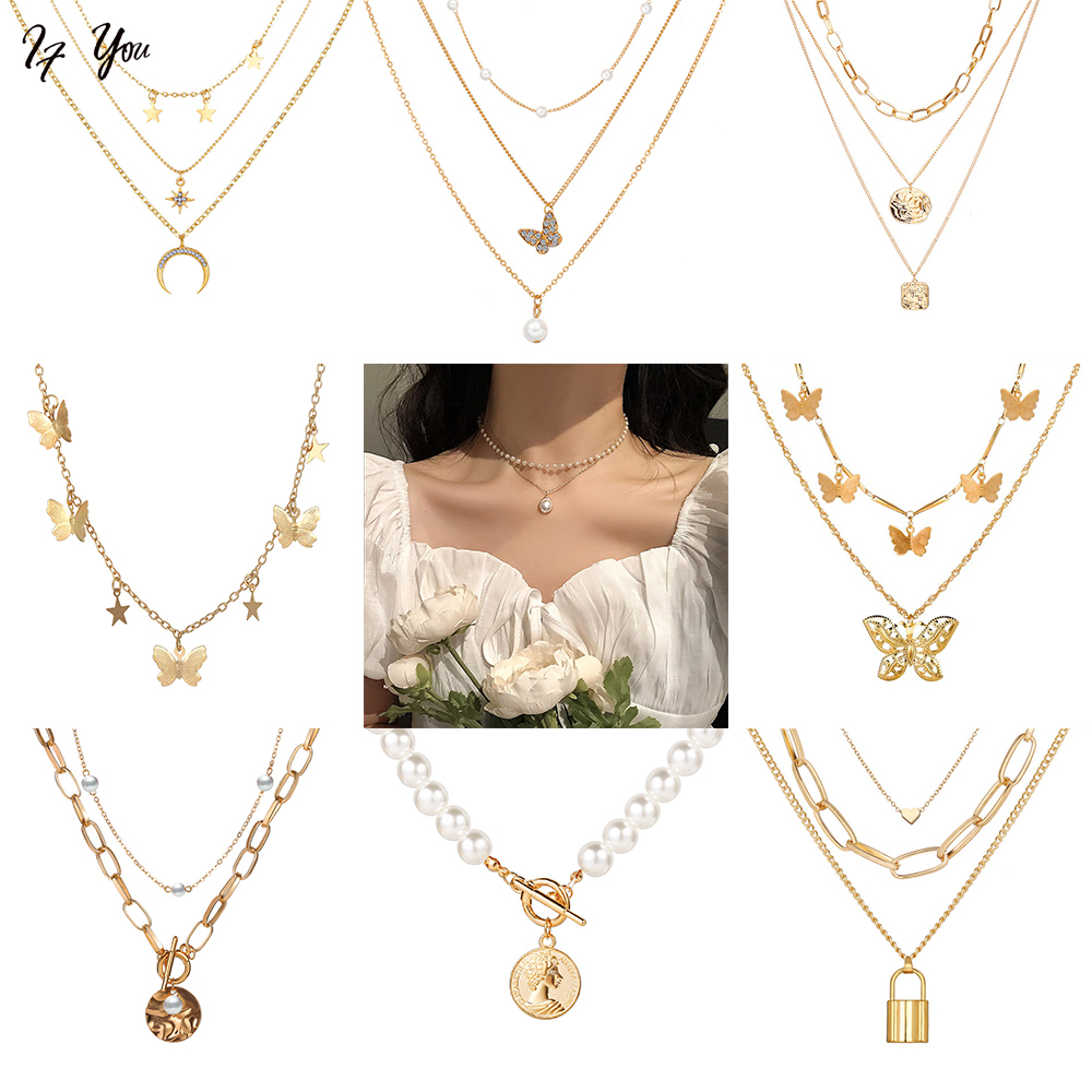 Dây chuyền AY bằng hợp kim nhiều lớp mặt bướm đính đá thời trang dành cho nữ