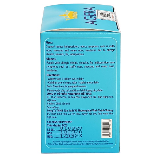 Agera Extra Kingphar- Hỗ trợ giảm tình trạng xoang, mũi dị ứng, hắt hơi sổ mũi