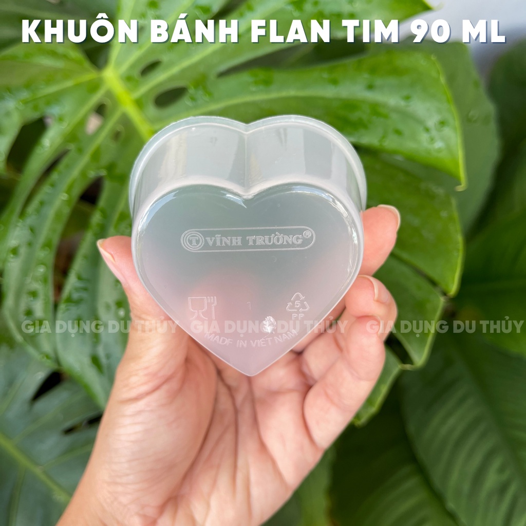 Khuôn làm bánh flan hình tim, khuôn làm bánh da lợn hình tim có nắp đậy dung tích 90 ml nhựa PP chính phẩm chịu nhiệt