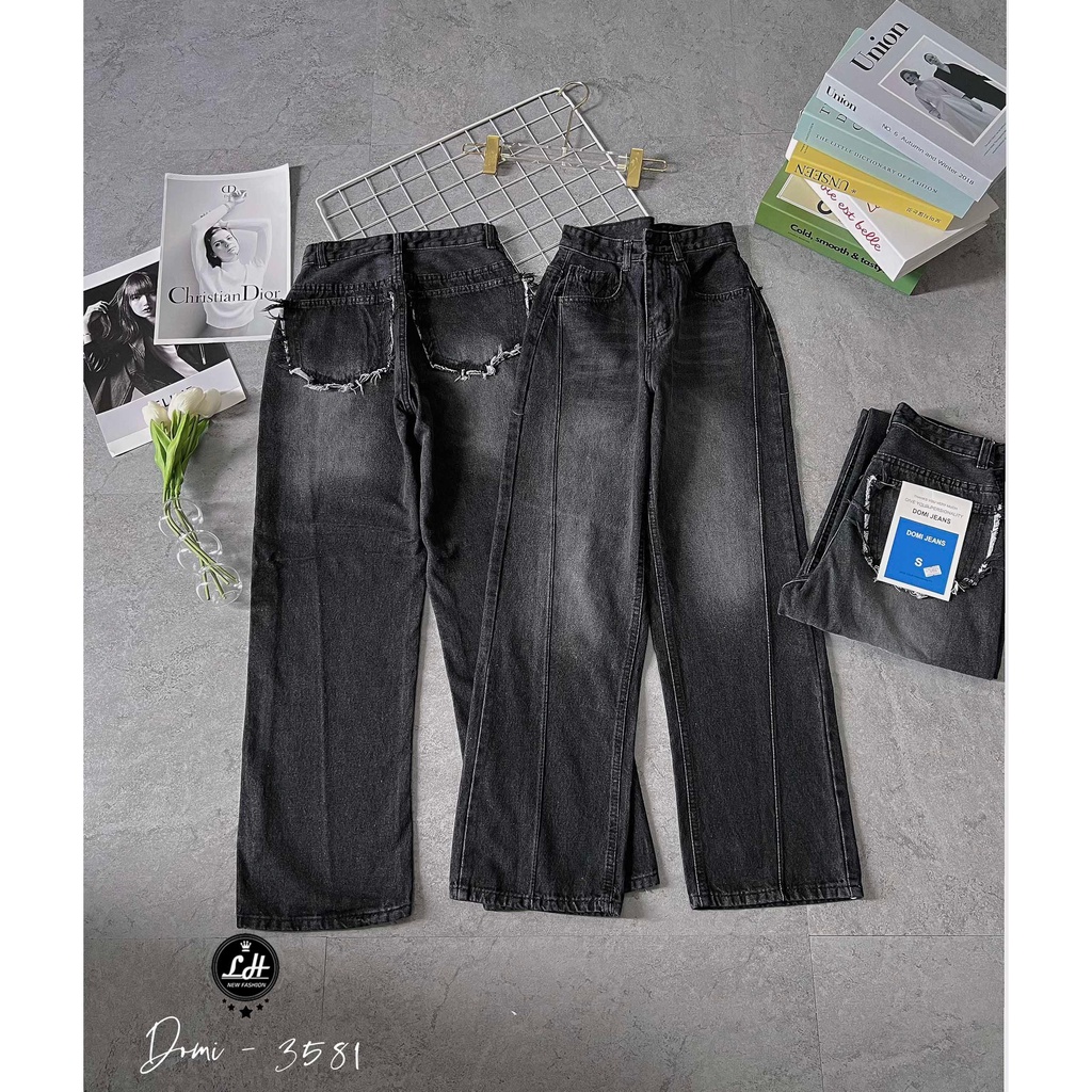 Quần jean nữ ống rộng, quần bò màu xám loang màu túi sao rách tua rua siêu độc lạ Lê Huy Fashion MS 3581