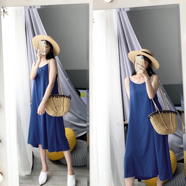 Đầm 2 dây basic-VÁY ĐŨI LỤA 2 DÂY DÁNG SUÔNG full màu chất đũi trơn