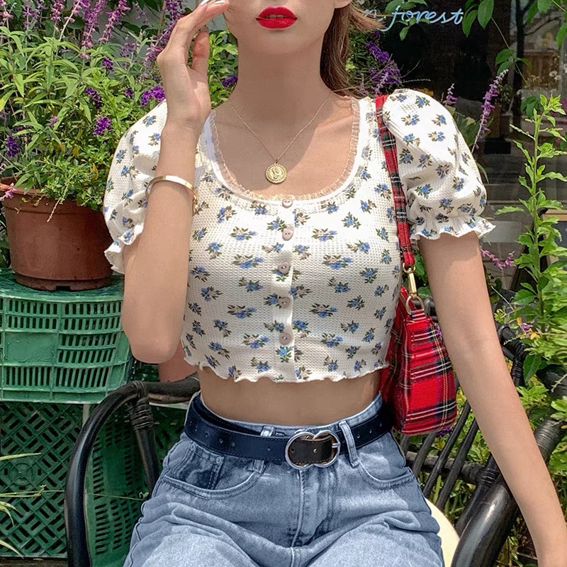 WANGJIAOZHAN Áo Croptop tay phồng cổ vuông họa tiết hoa thời trang