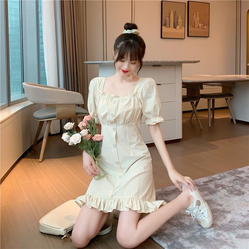 Women's skirt Korean Fashion Short Sleeve Pleated Square Neck Skirt