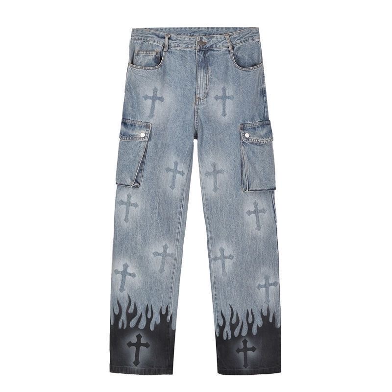 Quần Jean Baggy Dài Dáng Suông Nhiều Túi In Họa Tiết Ngọn Lửa Harajuku Punk Mới Cho Nam