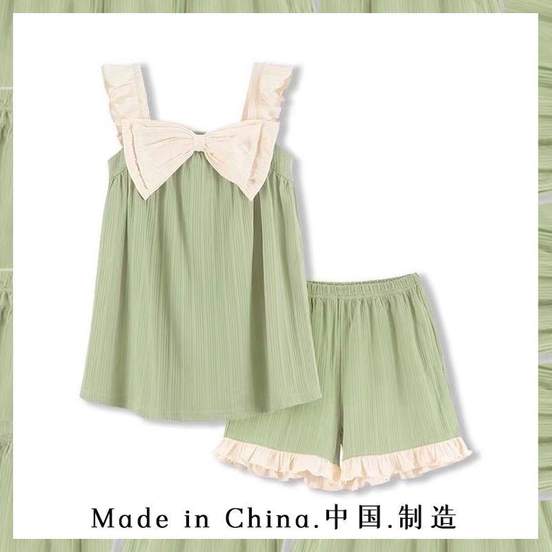 (Mới) Bộ đồ ngủ Cotton hai dây đính nơ xinh xắn dành cho nữ