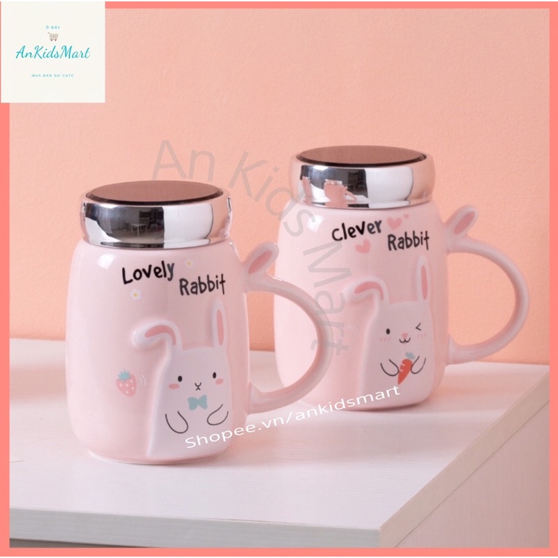 Cốc sứ 3D cao cấp hình thỏ màu hồng dễ thương 500ml
