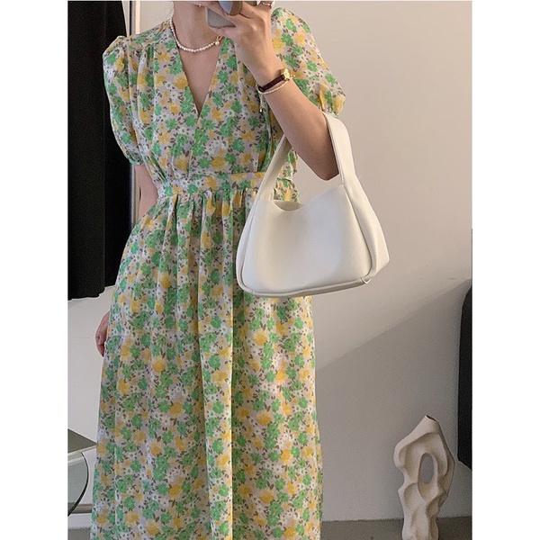 Váy hoa nhí cổ chéo rút eo dáng dài vintage Ulzzang style 🌸 Hàng Quảng Châu