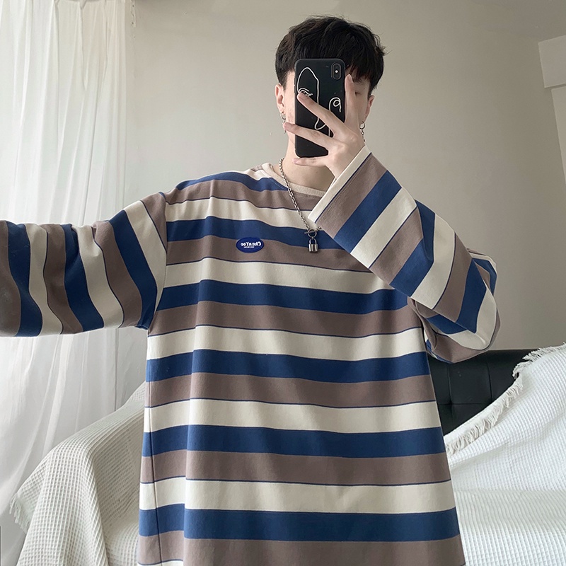 Áo thun tay dài cổ tròn dáng rộng họa tiết kẻ sọc thời trang Hàn Quốc trẻ trung dành cho nam
