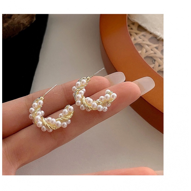 Khuyên tai hình bán nguyệt đính ngọc trai nhân tạo thời trang retro Hàn Quốc thanh lịch