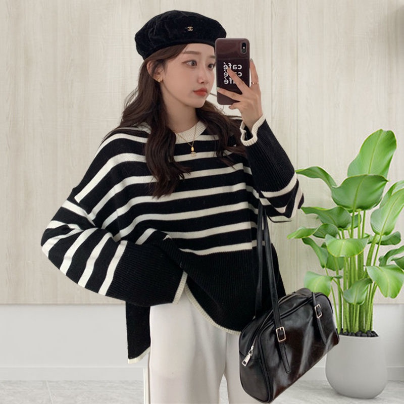 Áo sweater dệt kim tay dài form rộng xẻ tà họa tiết kẻ sọc thời trang thu đông 6001