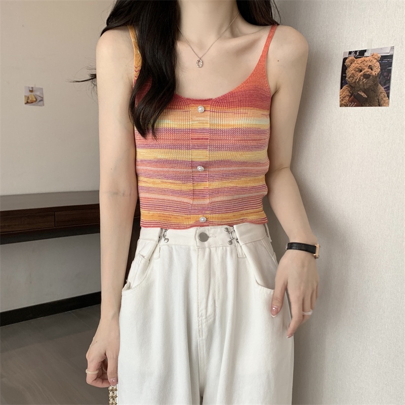 【HangFei】Áo Dệt Kim Sát Nách Kẻ Sọc Cầu Vồng Lưng Cao Quyến Rũ Cho Nữ