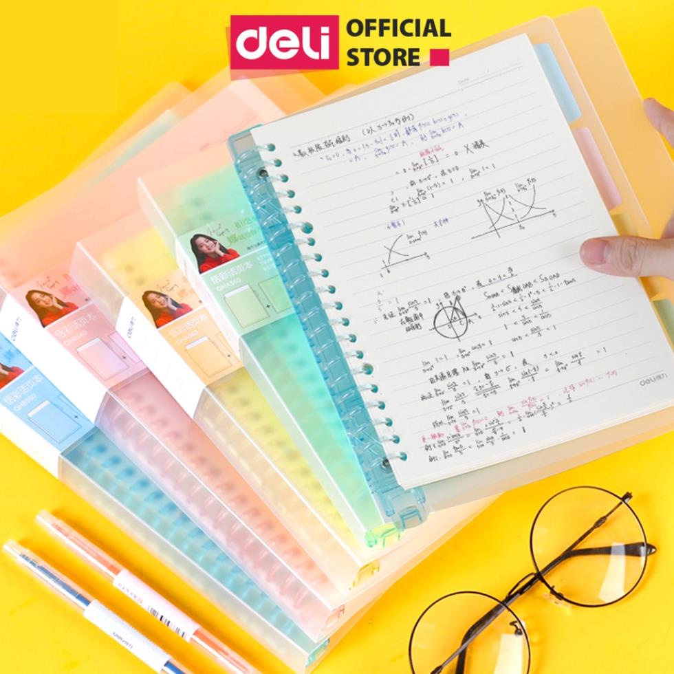 Sổ tay ghi chép Deli - kèm lõi giấy gáy lò xo - khổ A5/B5 - Bìa còng - Xanh dương/Hồng/Vàng/Xanh lá - QHA560 / QHB560 .