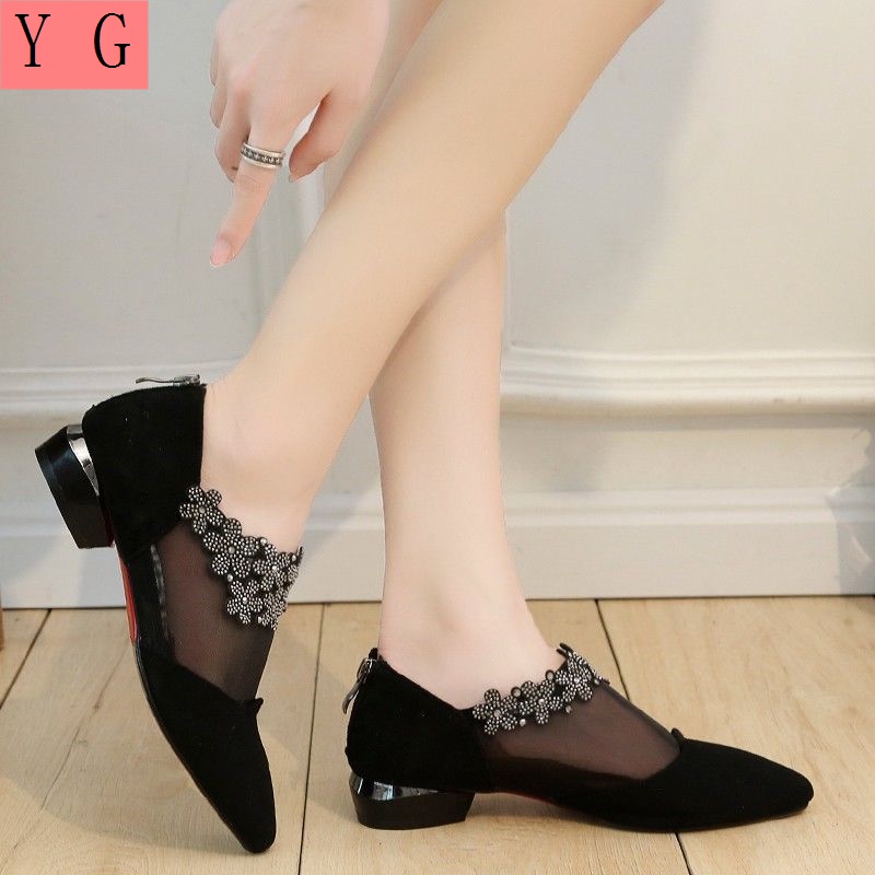 Giày Da Lộn Mũi Nhọn Gót Dày Thấp Đính Đá Phong Cách Anh Quốc Thời Trang Cho Nữ 2022 4243