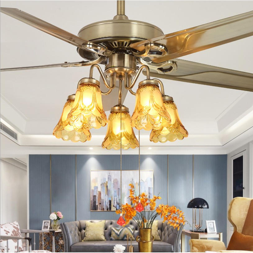 Quạt Trần 5 Đèn Cánh Thép Động Cơ Lõi Đồng DC 2 Chiều Gió Có Điều Khiển Từ Xa Phù Hợp Mọi Loại Trần
