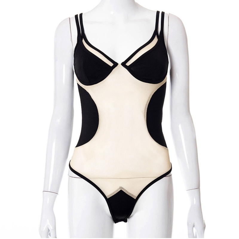 Xiangbao Áo Liền Quần Hai Dây Cổ Chữ V Phối Lưới Xuyên Thấu Gợi Cảm Mùa Hè Cho Nữ