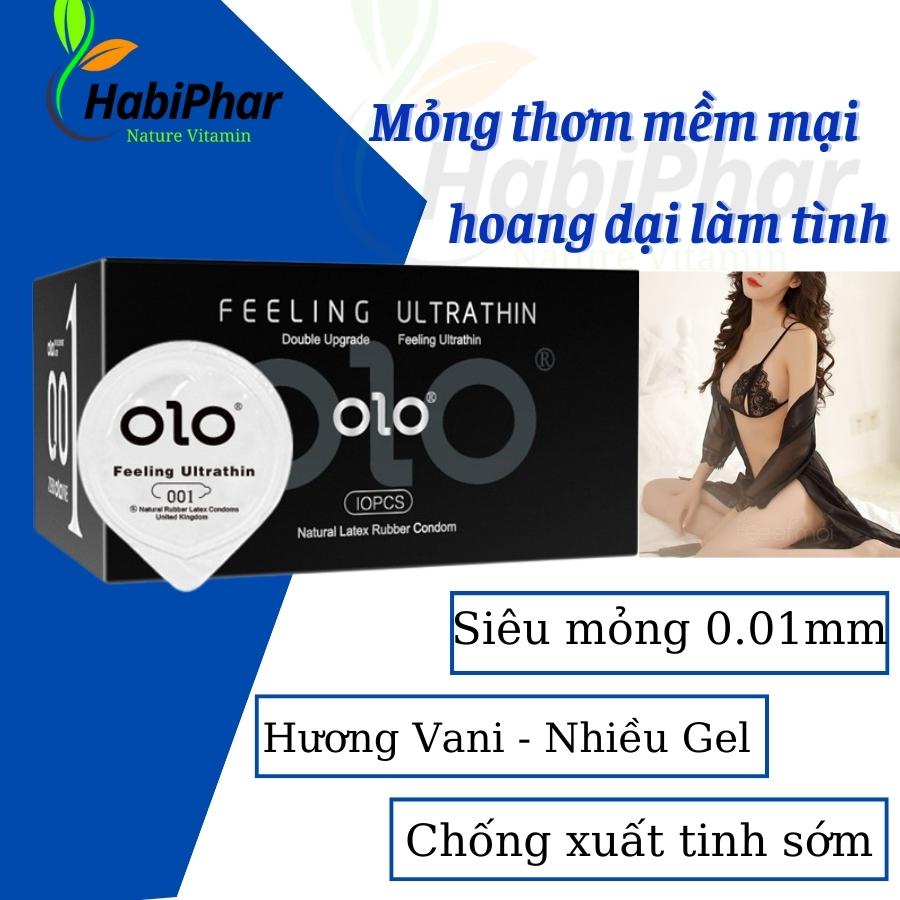 Bao cao su siêu mỏng kéo dài thời gian quan hệ OLO đen hương vani hộp 10c, Bcs chống xuất tinh sớm - HabiPhar