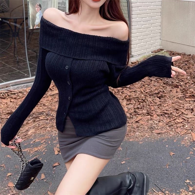 Áo len trễ vai tay áo ống loe , áo len nữ dài tay trễ vai có kết hợp khuy cài
