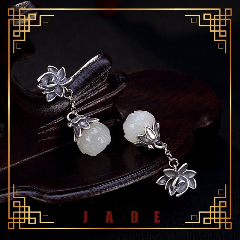 Khuyên Tai Bạc 925 Hình Hoa Sen Đính Đá Ngọc Bích Trắng Thời Trang Thanh Lịch Cho Nữ