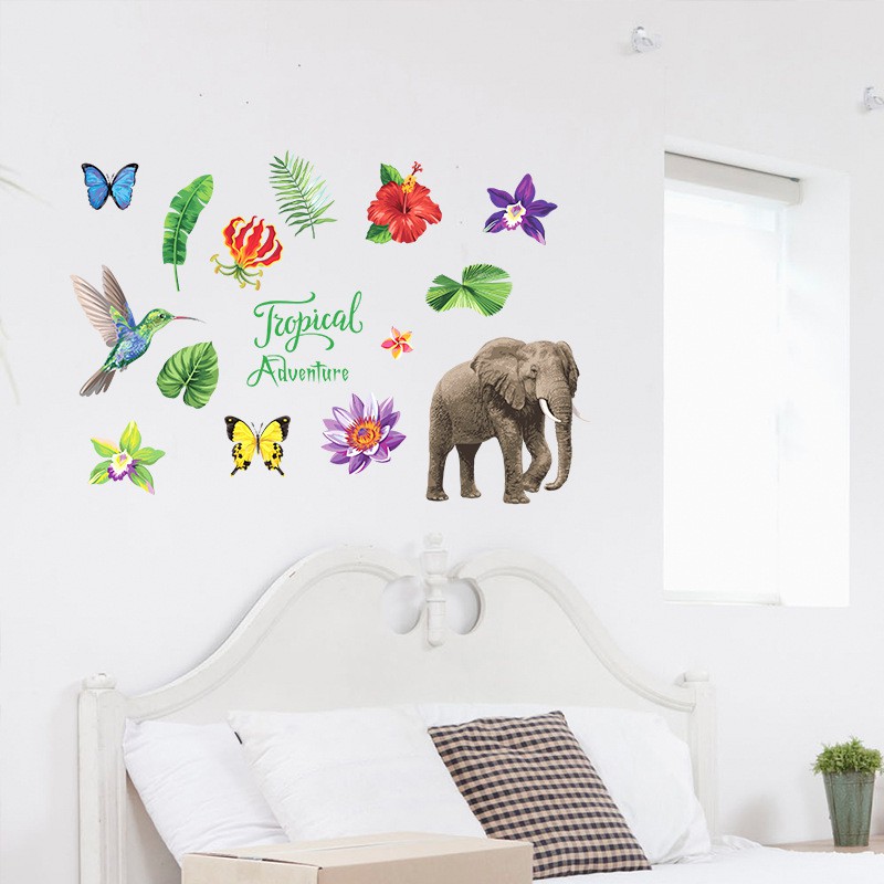 Decal dán tường - Giấy dán tường - Rừng rậm amazol - Voi - scenedecal