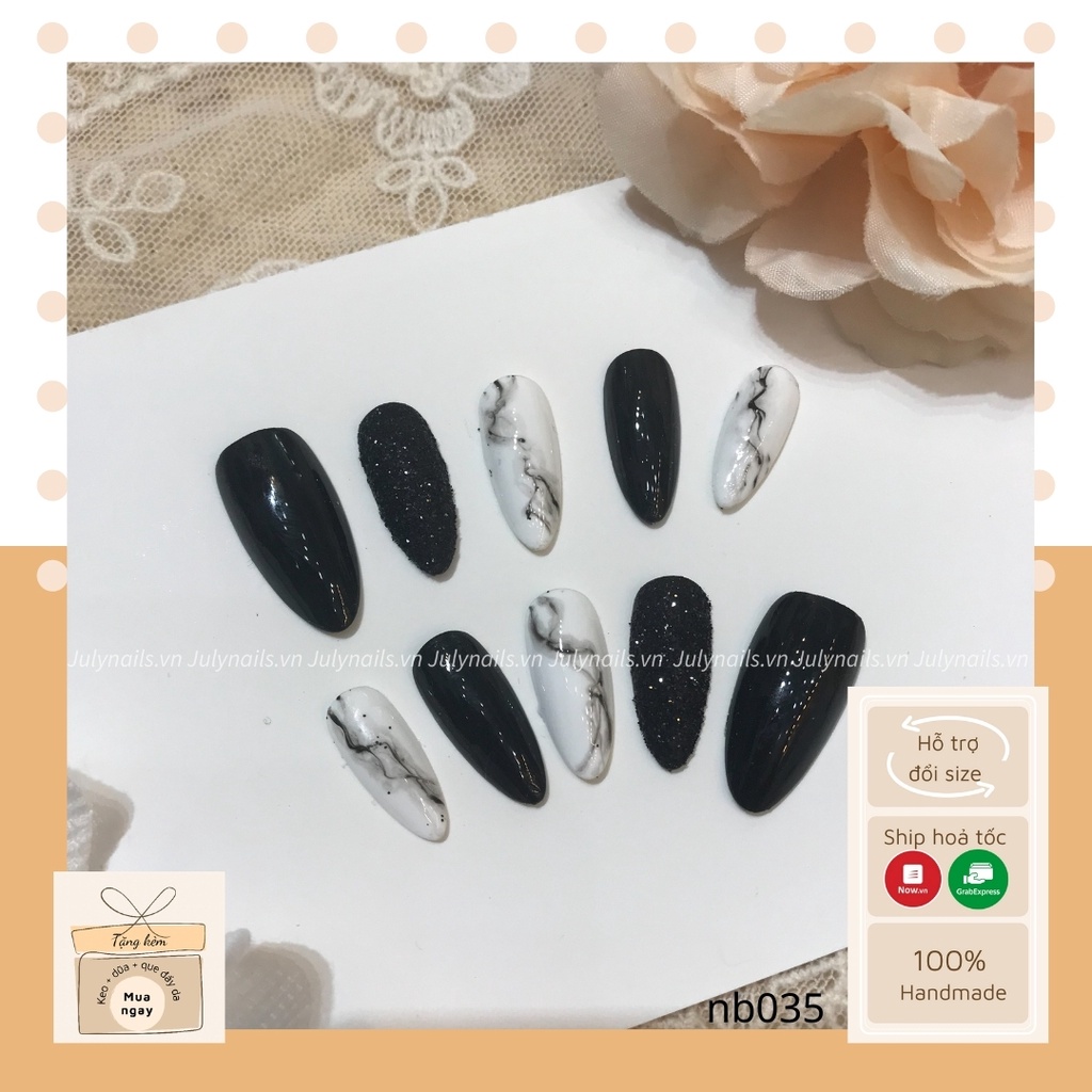 Nail box thiết kế vân đá đen nhũ rắc Hàn Quốc , móng úp dài julynails.vn nb035