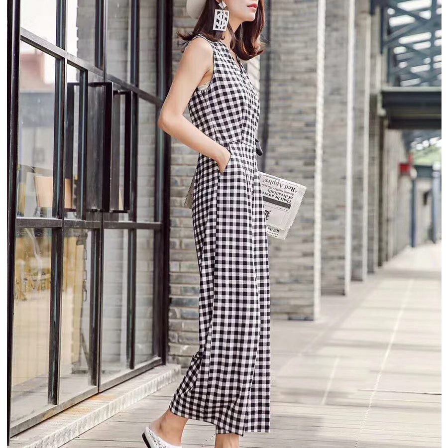 Jumpsuit Nữ Kẻ Dài Ống Suông Thắt Nơ Eo Dấu Bụng, Đồ Bay Dáng Dài JS01