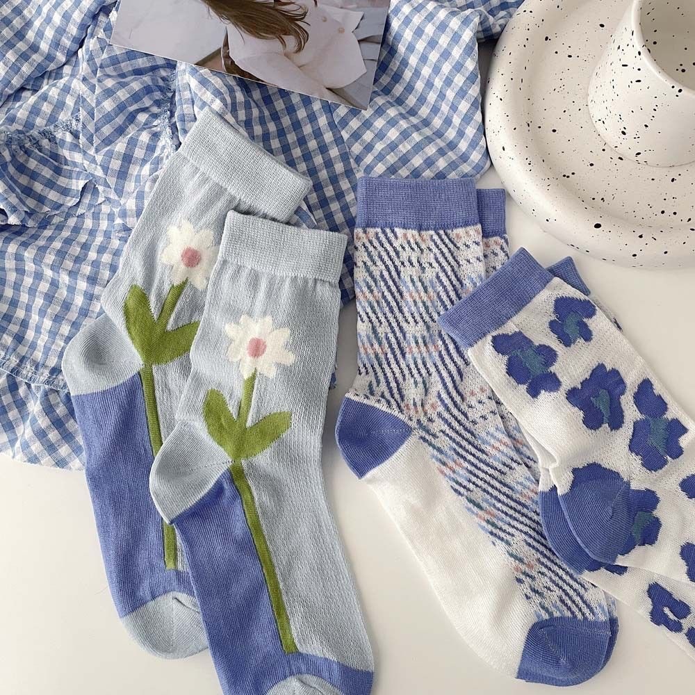 Summer Cute Socks korean style women Japanese Flower Socks Sky Blue Sweet Floral Socks Cute Fresh Socks Soft Casual Long Socks