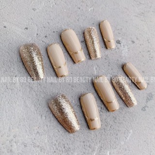 Móng giả thiết kế 10 ngón A392 kèm keo dũa, nail box kim tuyến vàng óng ánh