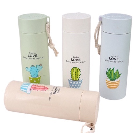 Bình đựng nước thủy tinh 400ml in họa tiết xương rồng dễ thương No.101238