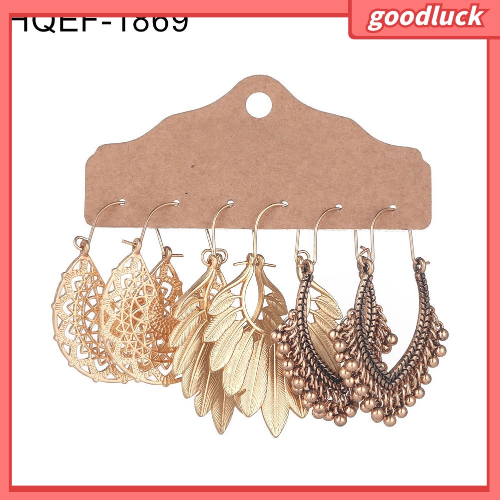 Bộ 3 đôi bông tai dáng tròn hình giọt nước có tua rua dáng treo cho nữ giới