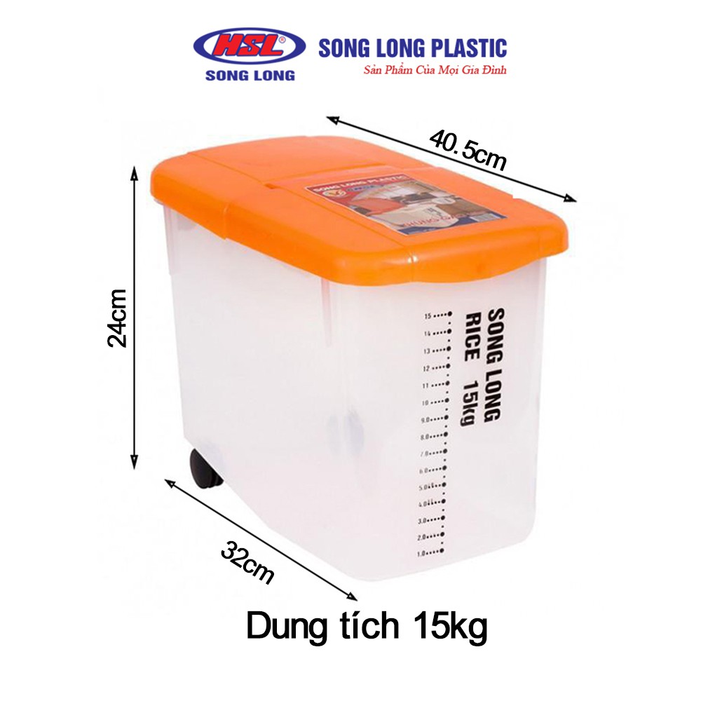 Thùng đựng gạo có nắp Song Long Plastic 10kg, 15kg nhựa cao cấp có bánh xe
