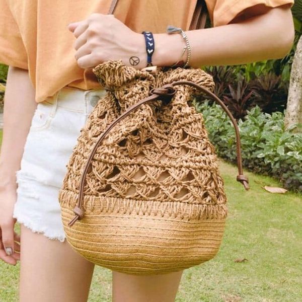 Túi cói Bucket Hồ lô dây rút - phong cách Boho