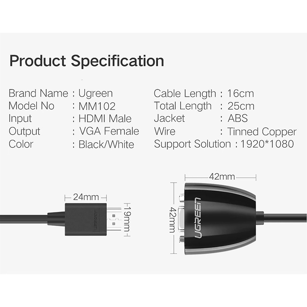 Cáp Chuyển Tín Hiệu HDMI Sang VGA Màu Đen Không Nguồn Và Audio Ugreen 40253 Chính Hãng