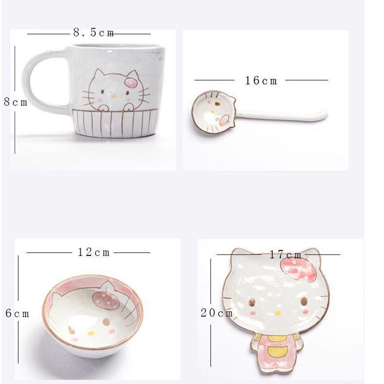 Bát cốc đĩa thìa KITTY, bát đĩa ăn dặm, set bát sứ ăn dặm xinh xắn: 5.16.6