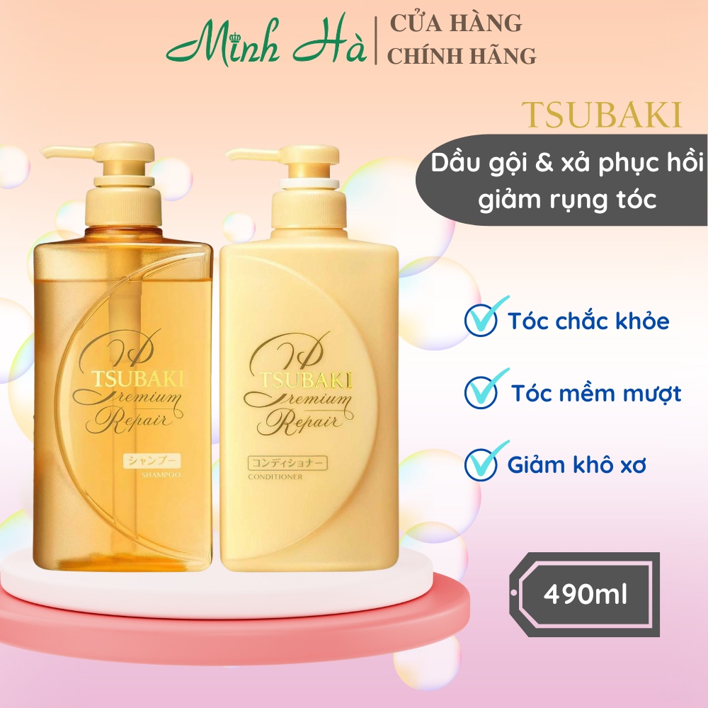 Dầu gội &amp; xả Premium Repair Tsubaki 490ml/chai phục hồi giảm rụng tóc