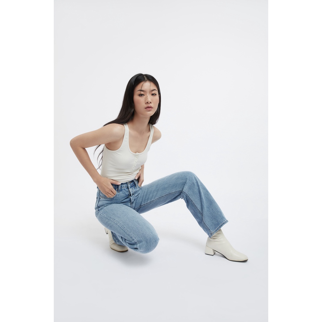 TheBlueTshirt - Áo Ba Lỗ Nữ Nút Cài Phom Ngắn Màu Kem - Daily Tank - Cream