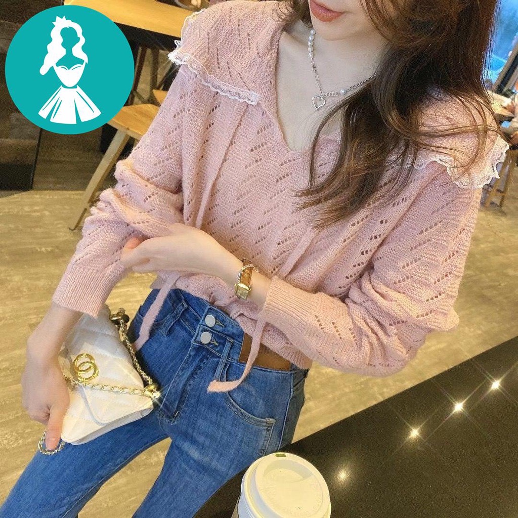 Mm Áo sweater Dệt Kim Mỏng Cổ Búp Bê Phối Ren Rỗng Phong Cách Học Sinh Dành Cho Nữ