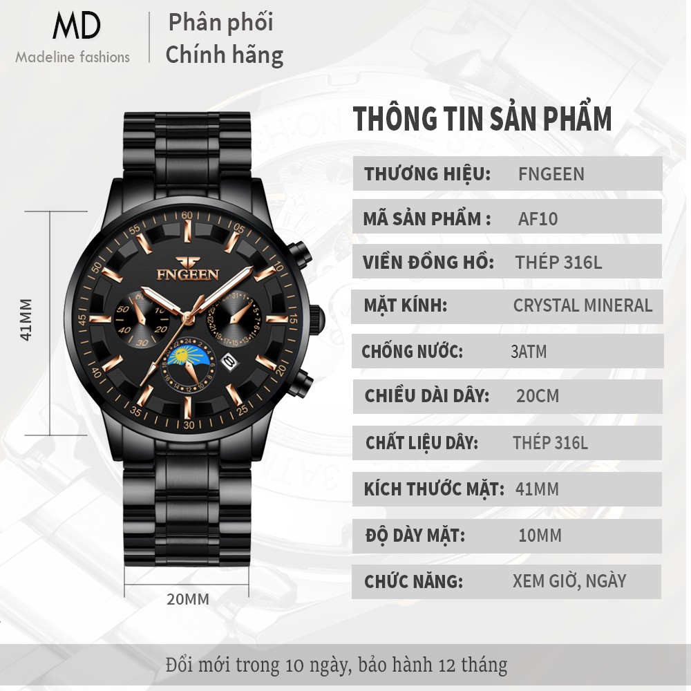 Đồng hồ nam FNGEEN chính hãng, dây thép bền màu, 2 màu đen trắng cực đẹp, kiểu dáng lịch lãm ( Mã: AF10 ) | BigBuy360 - bigbuy360.vn