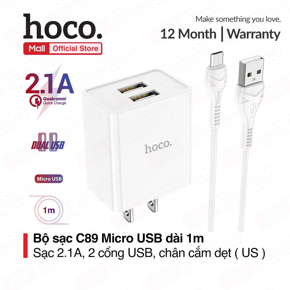 Bộ sạc Hoco C89 Micro USB 2 cổng USB, sạc nhanh 2.1A, tương thích với nhiều dòng Samsung/Oppo/Xiaomi..., chân cắm US