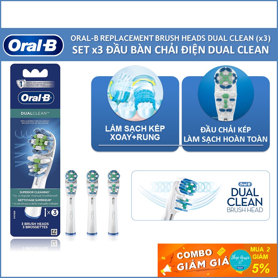 Đầu Bàn Chải Điện Oral-B Dual Clean - Đầu Chải Làm Sạch Kép, Vỉ 3 Tiện Lợi, Làm Sạch Sâu Tốt Nhất