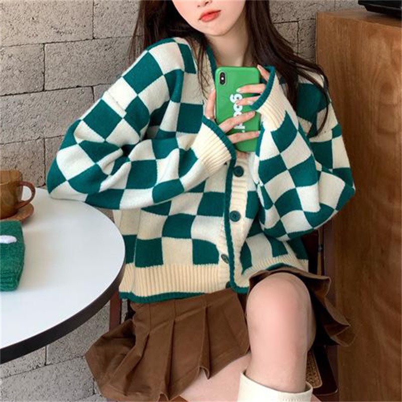 áo khoác cardigan len dáng croptop sọc caro màu xanh phong cách hàn quốc A665 SUTANO