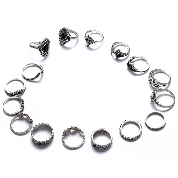 Set 15 nhẫn mini màu bạc đính đá phong cách Bohemia thời trang